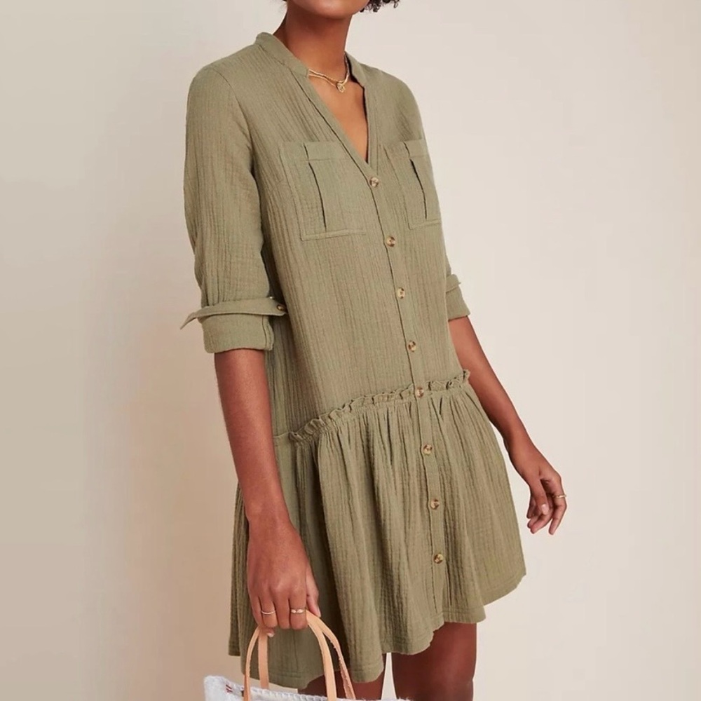 Anthropologie Maeve Cotton Gauze Textured Tunic Dress Green Size 4